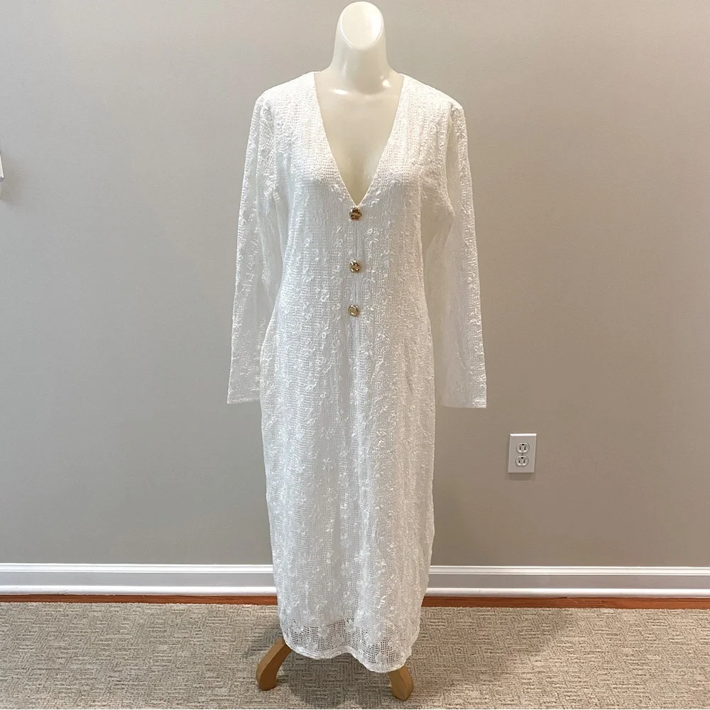Zara NWT white crochet lace midi dress V neck long sleeve lined size Large - Picture 5 of 13
